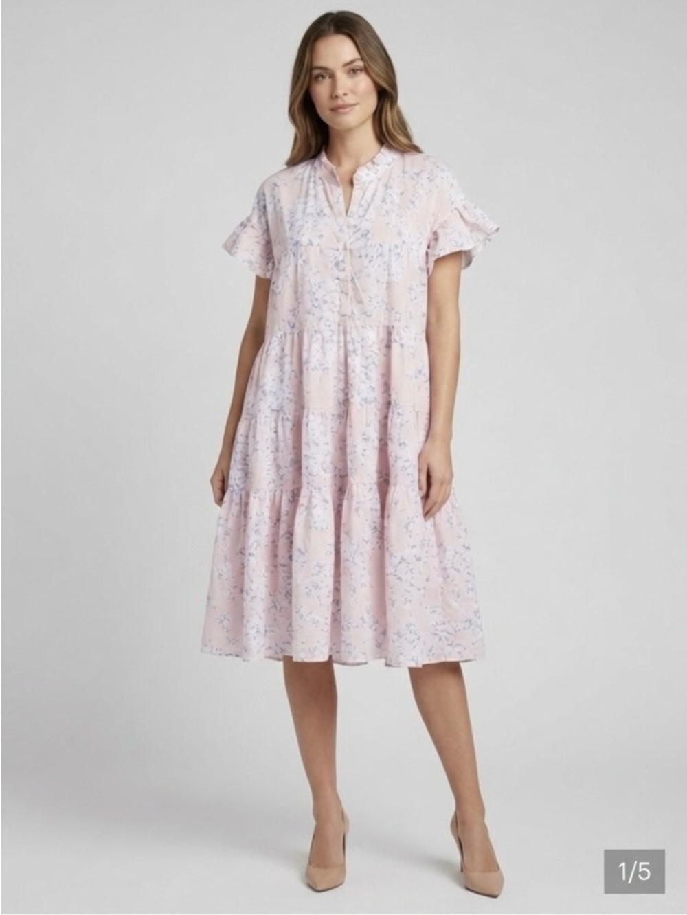 Papinellle Pink Floral Tiered Button-Front Dress soft 100% cotton